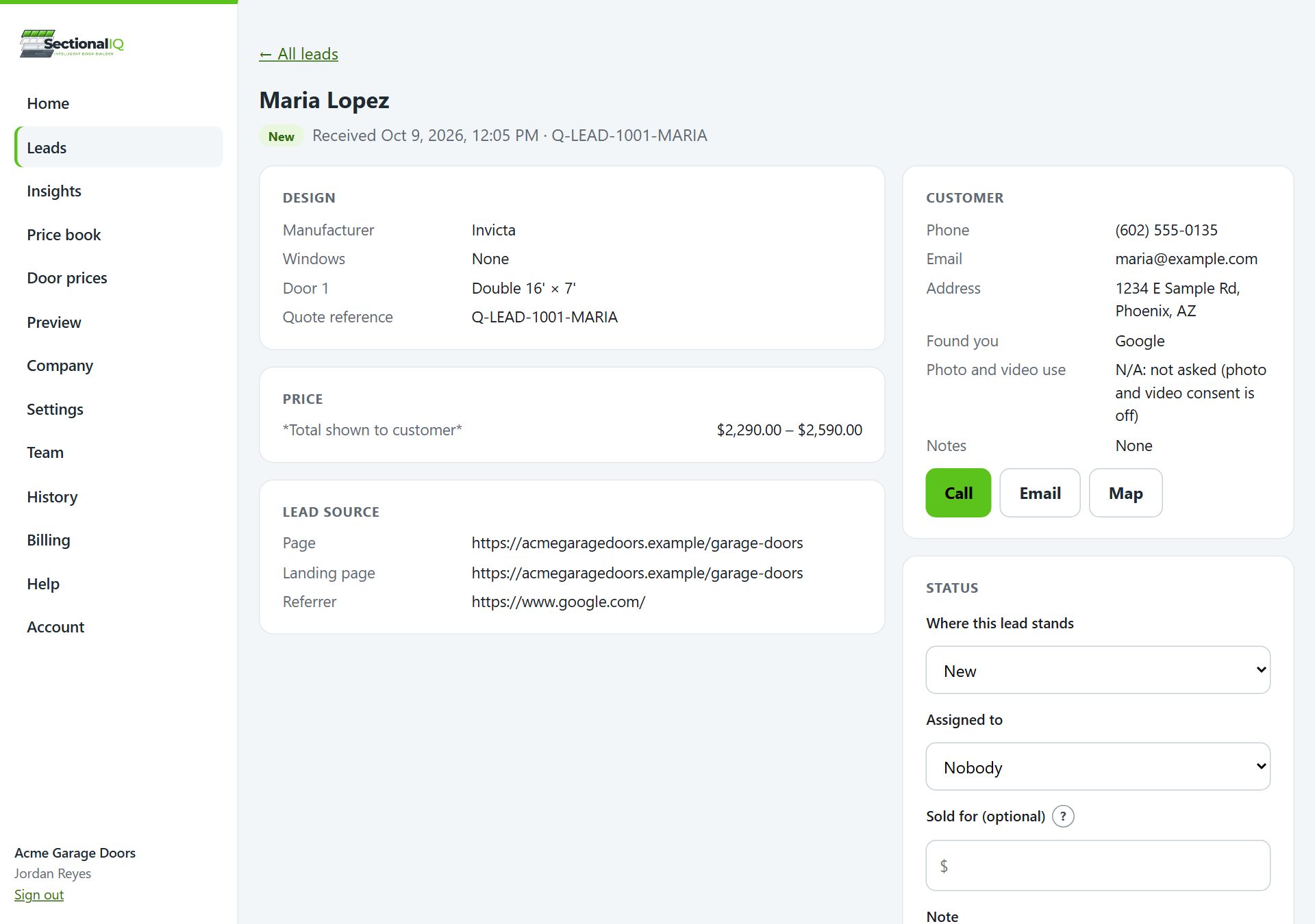 A lead in the SectionalIQ dashboard: the design, price, lead source and the customer's details