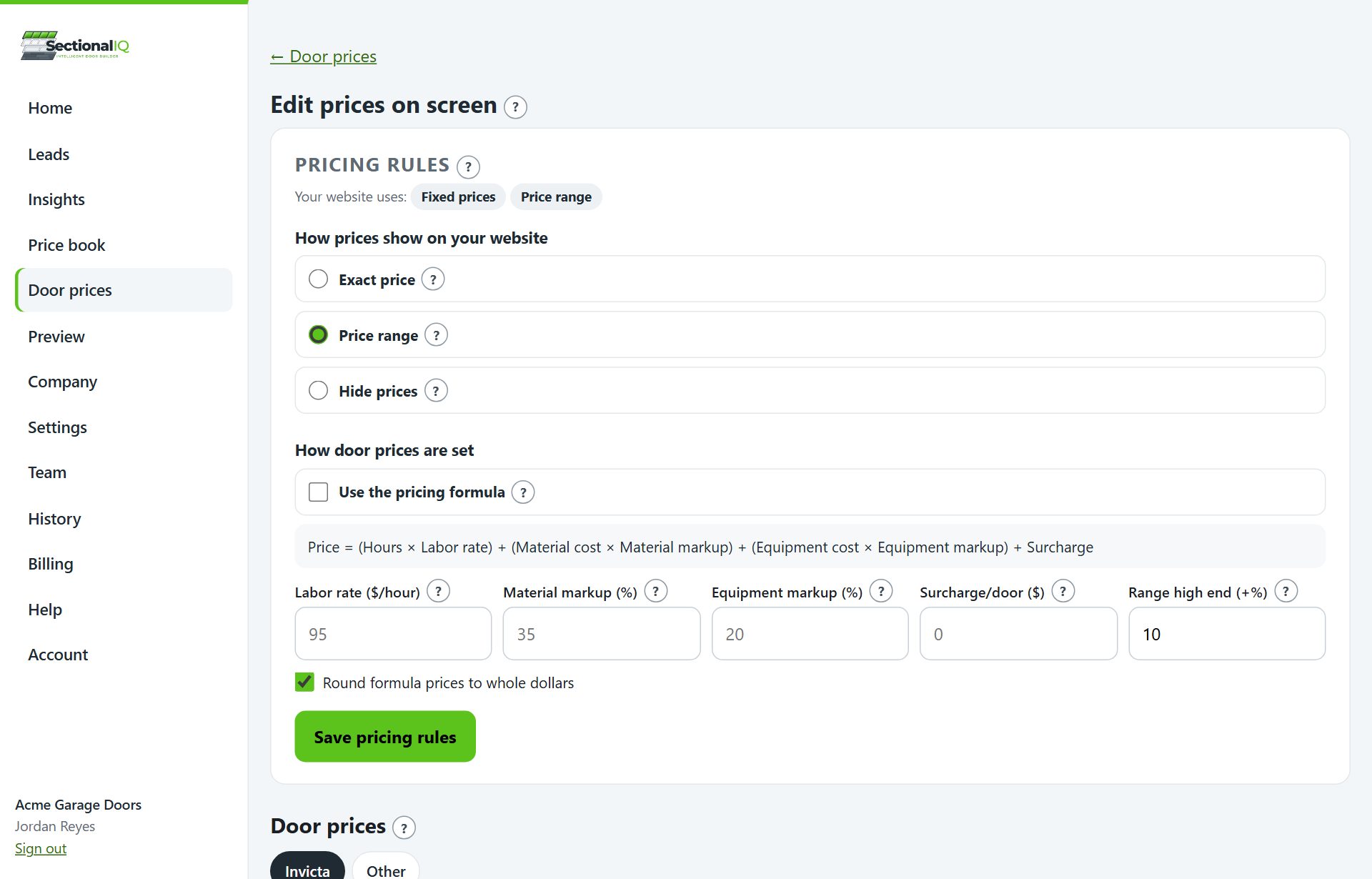 Door prices in the SectionalIQ dashboard: pricing rules and prices by model and size