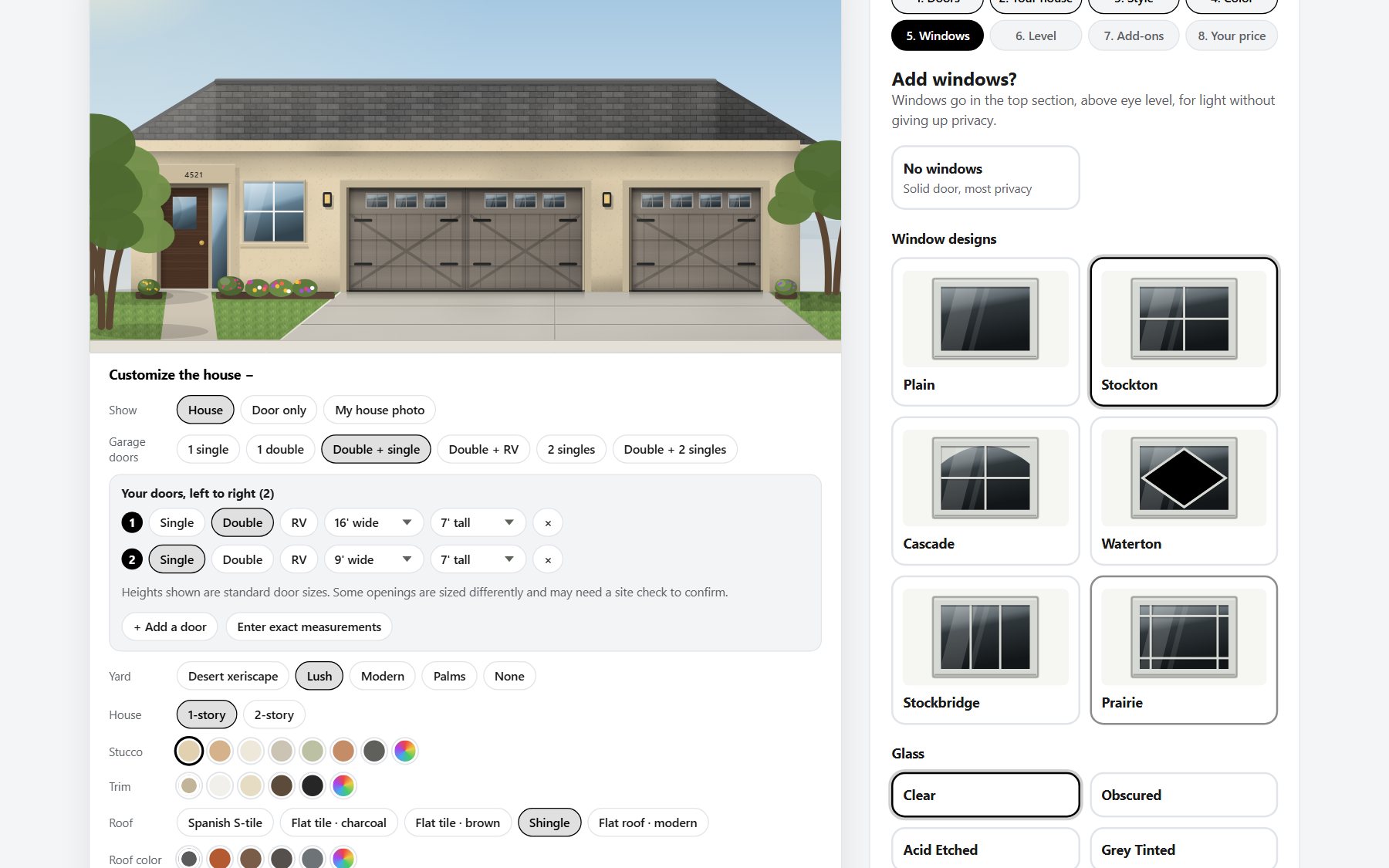 The builder on a laptop: a house with a double and a single carriage-house door, and the window choices
